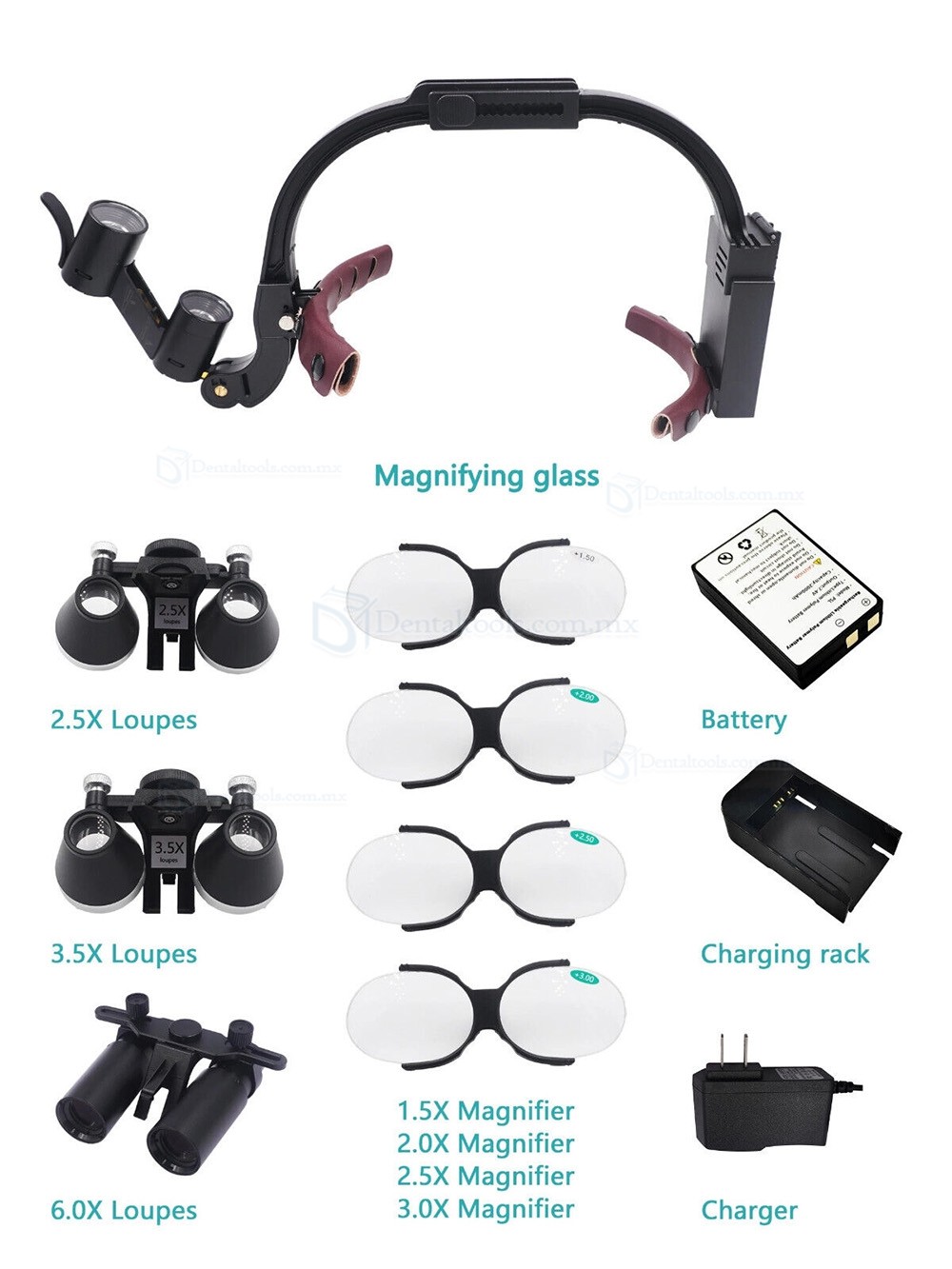 Lupas binoculares dentales 5X o 6X con luz LED 5W y lentes para presbicia